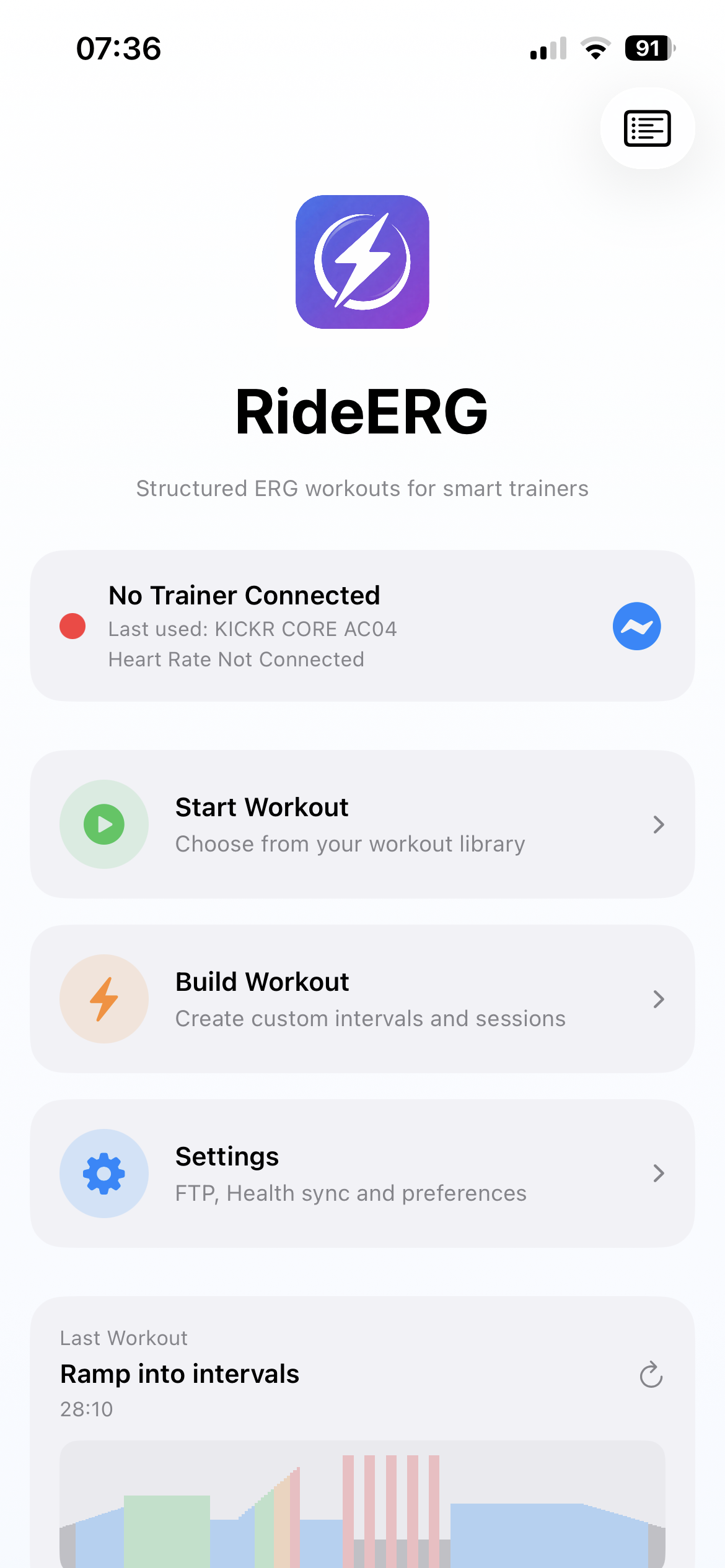 RideERG Home Screen